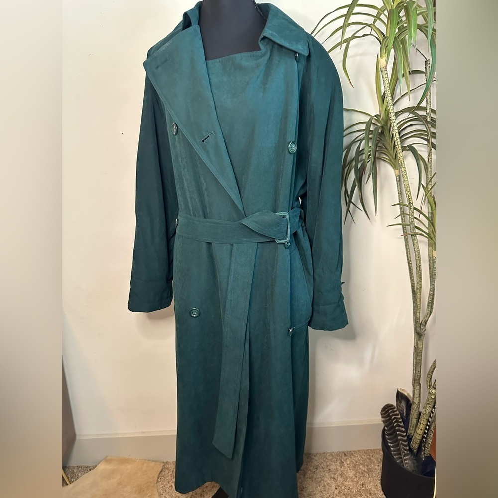 London fog, green suede, maxi, trenchcoat double breasted with belt 10 - Picture 2 of 9